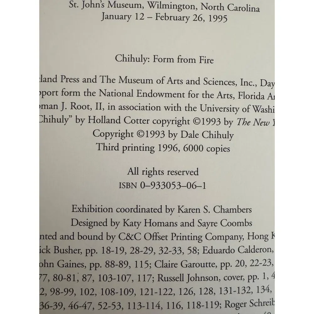 Chihuly: Form from Fire Hardcover Art Book 1999 (3rd Printing)